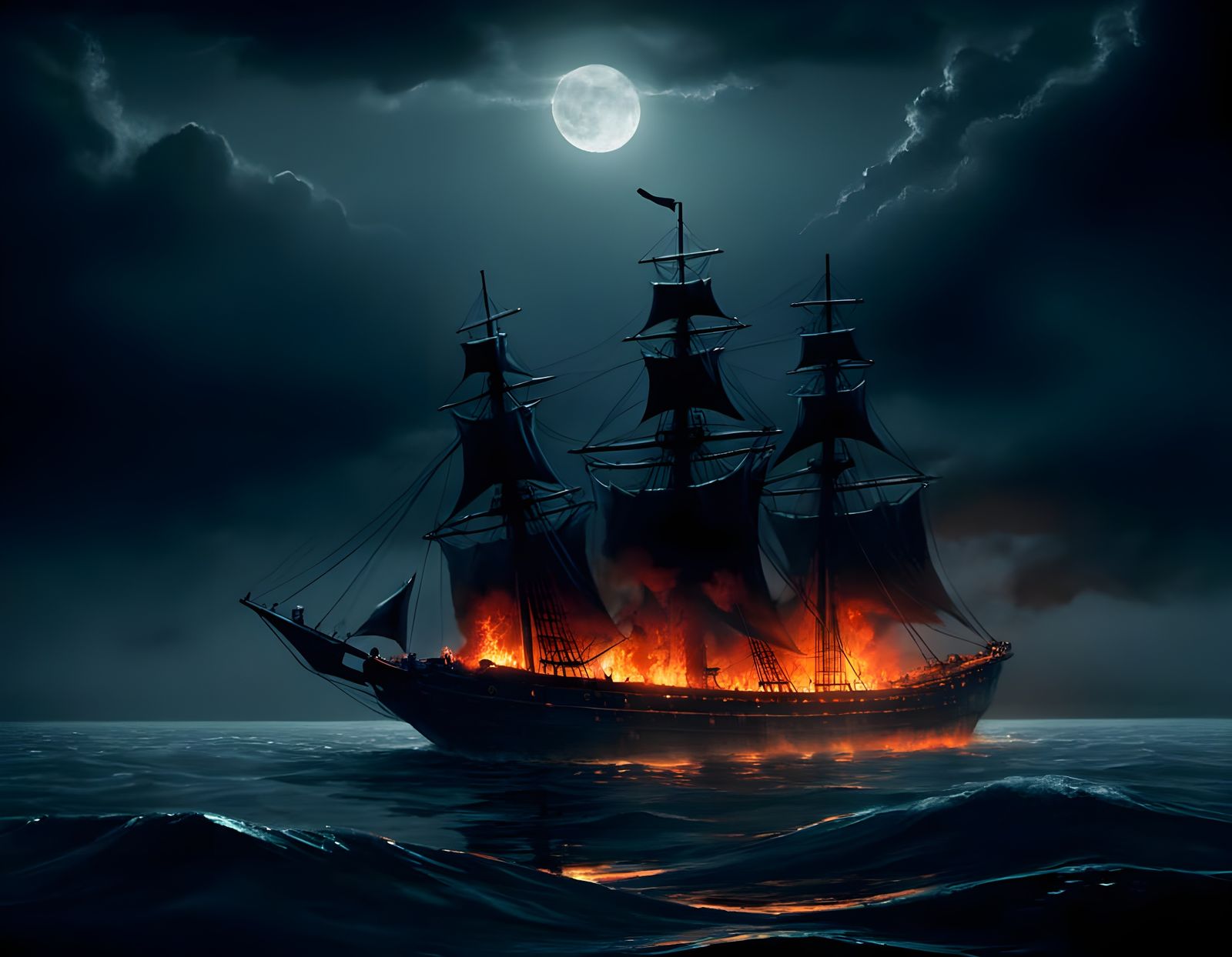 Ethereal Ghost Ship Burns on Calm Moonlit Ocean