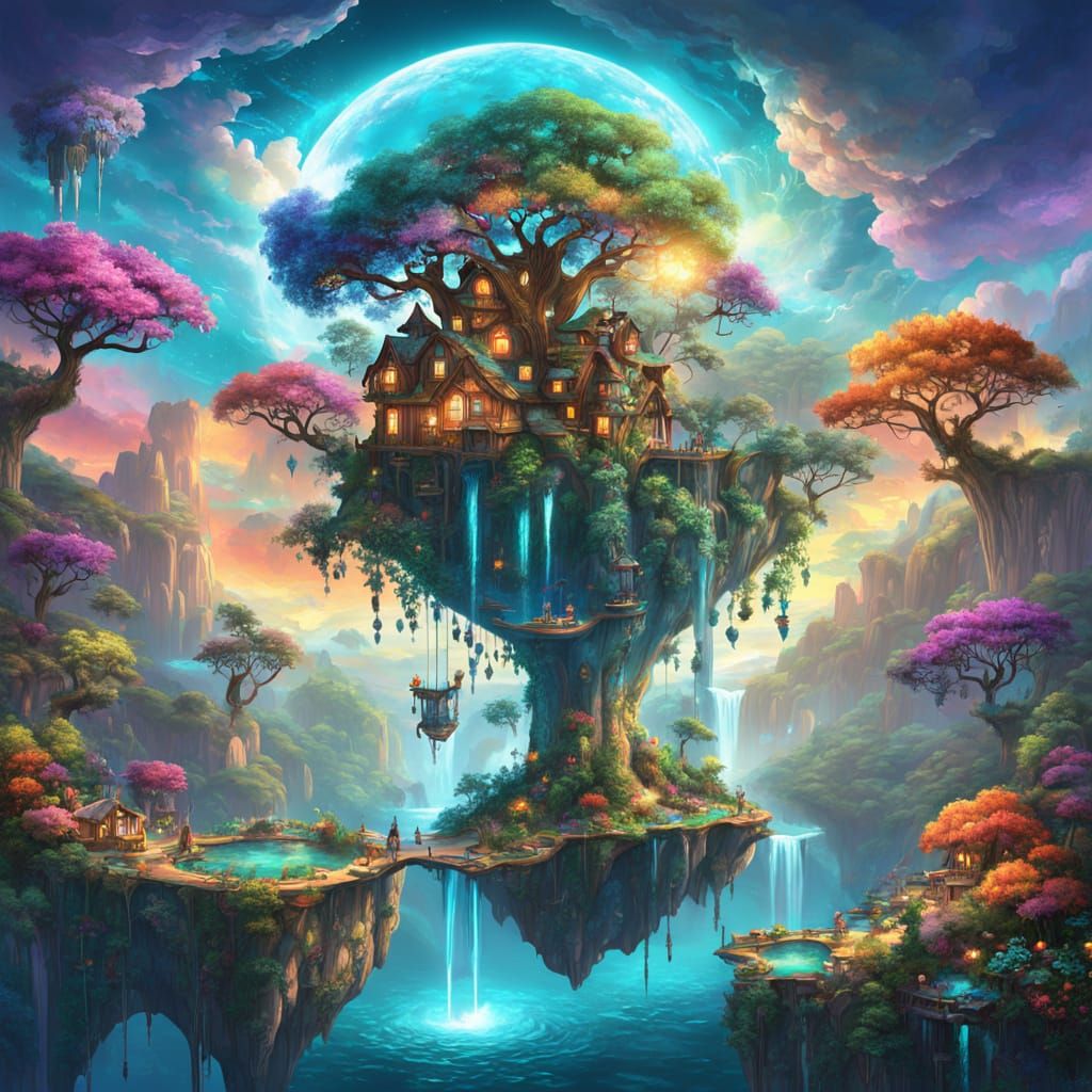 Floating Island with Luminescent Waterfalls & Tree Houses