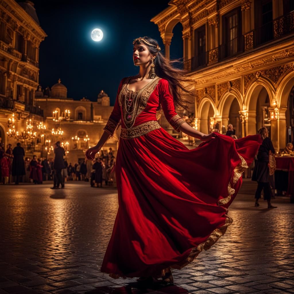 Moonlit Gypsy Dancer in Red and Gold