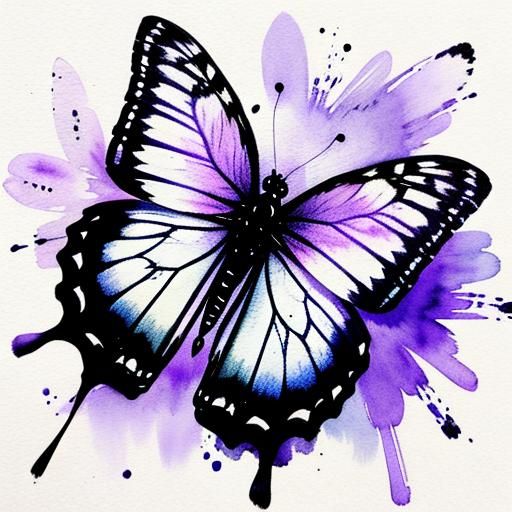 Monochrome Violet Watercolor Butterflies in Meadow