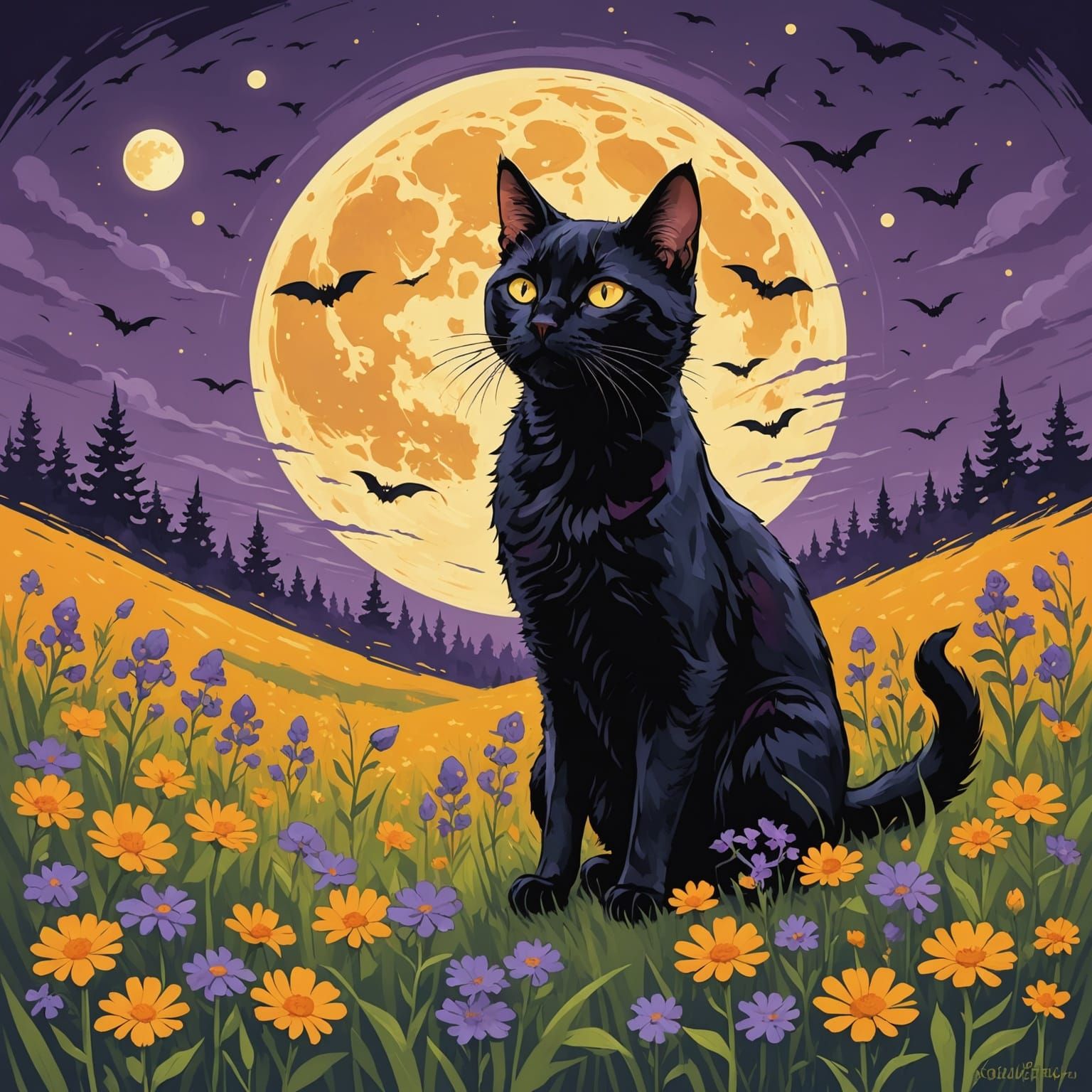 Eerie Black Cat in Wildflowers, Impressionistic Style