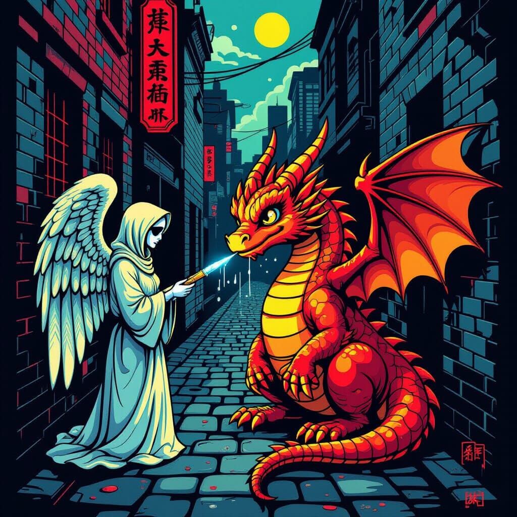 Dragon Meets Angel of Death in Pop Art Style