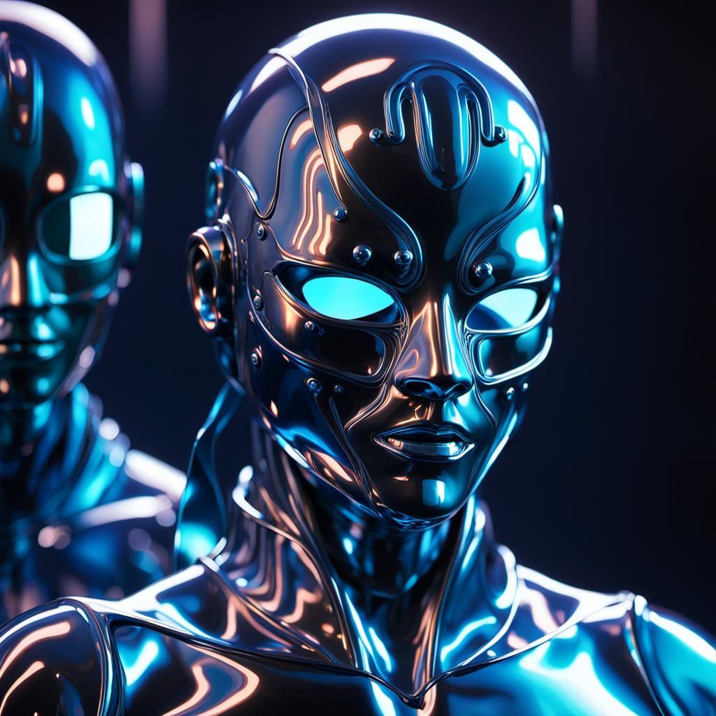 Masked Figure with Liquid Metal Sculpture