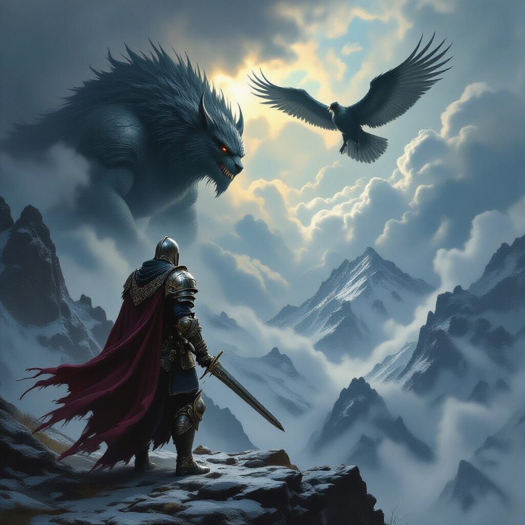 Knight Faces Mythological Beast on Mountain Peak