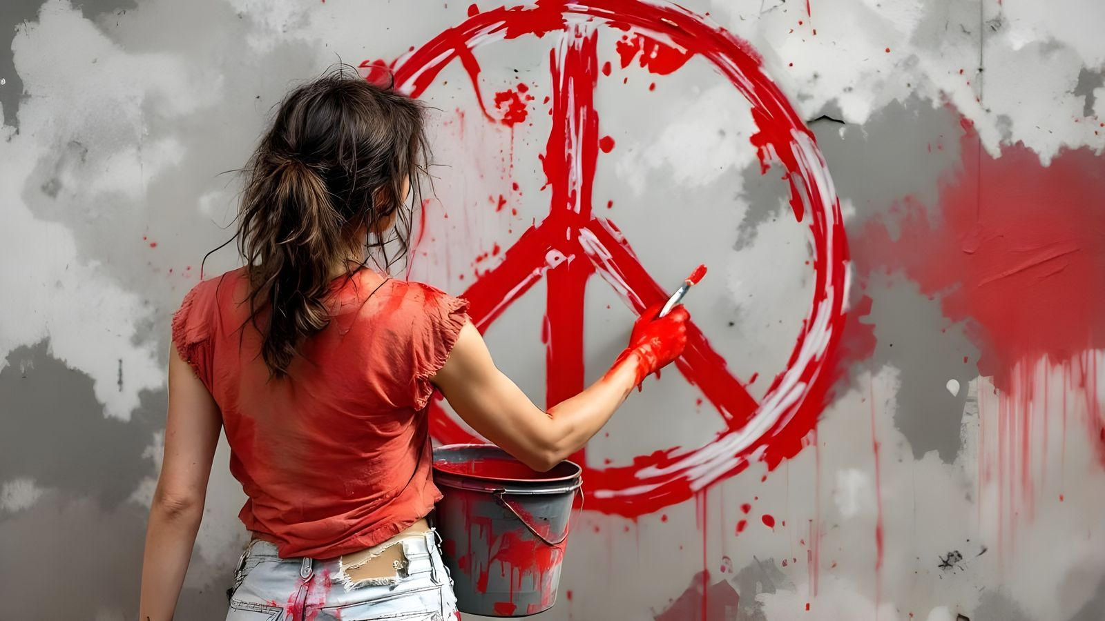 Woman Paints Peace Symbol on Battlefield Wall
