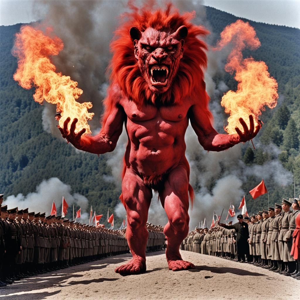 Pazuzu Rides a Lion in WWII Victory Celebration