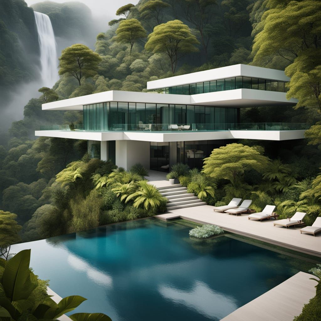 Futuristic modernist mansion elegantly hovering above a cascading waterfall, seamlessly blending with the misty valley b...