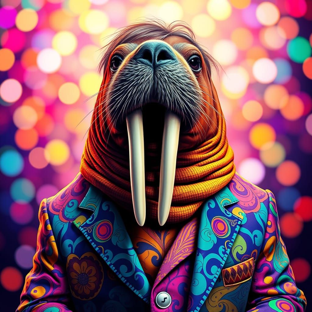 Psychedelic Walrus Portrait in Vibrant, Dreamlike Style
