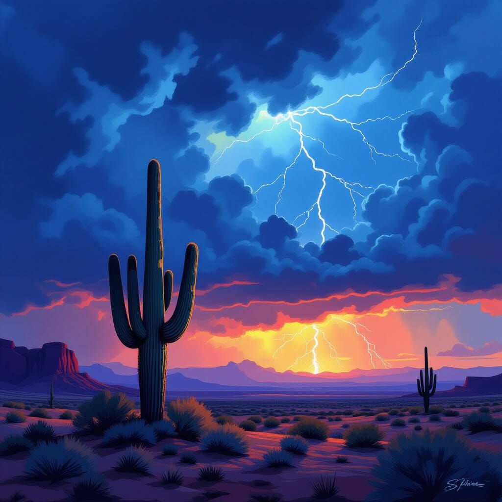 Desert Thunderstorm with Cactus, Dramatic Lighting