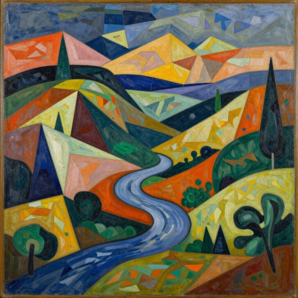Vibrant Cubist Landscape with Geometric Planes