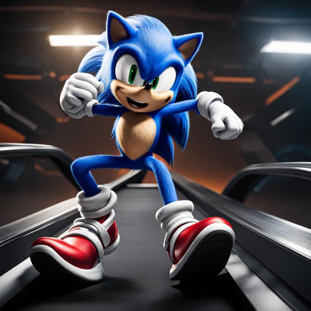 Sonic the Hedgehog on Treadmill in Hyperrealistic Style