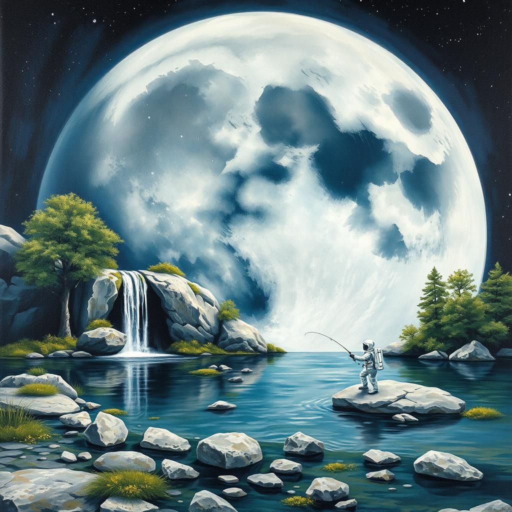 Cosmonaut Fishing on the Moon in Gouache Style
