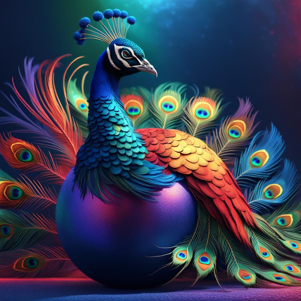 Joyful Peacock on Blue Ball, Digital Matte Painting