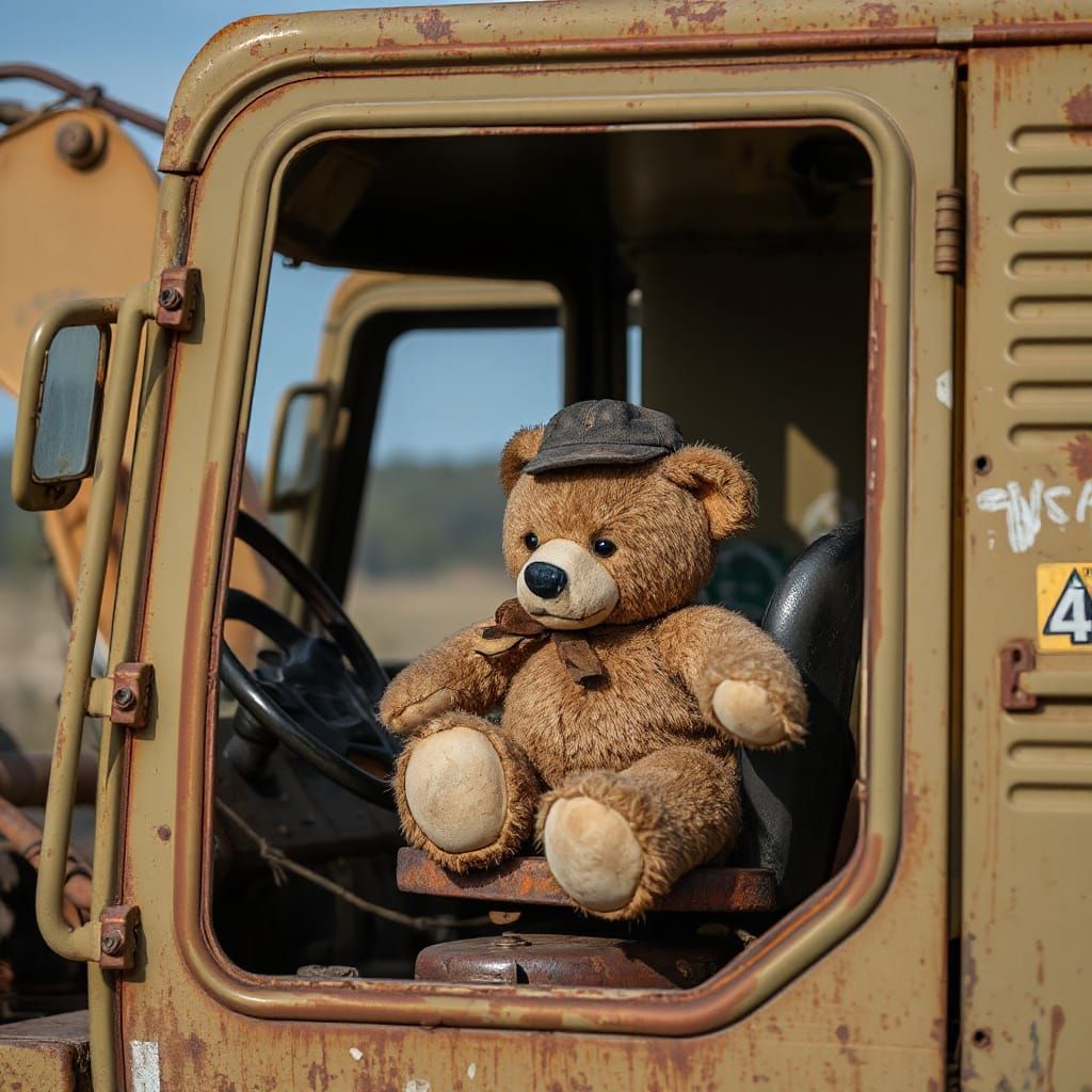 Forgotten Teddy Bear in Abandoned Excavator