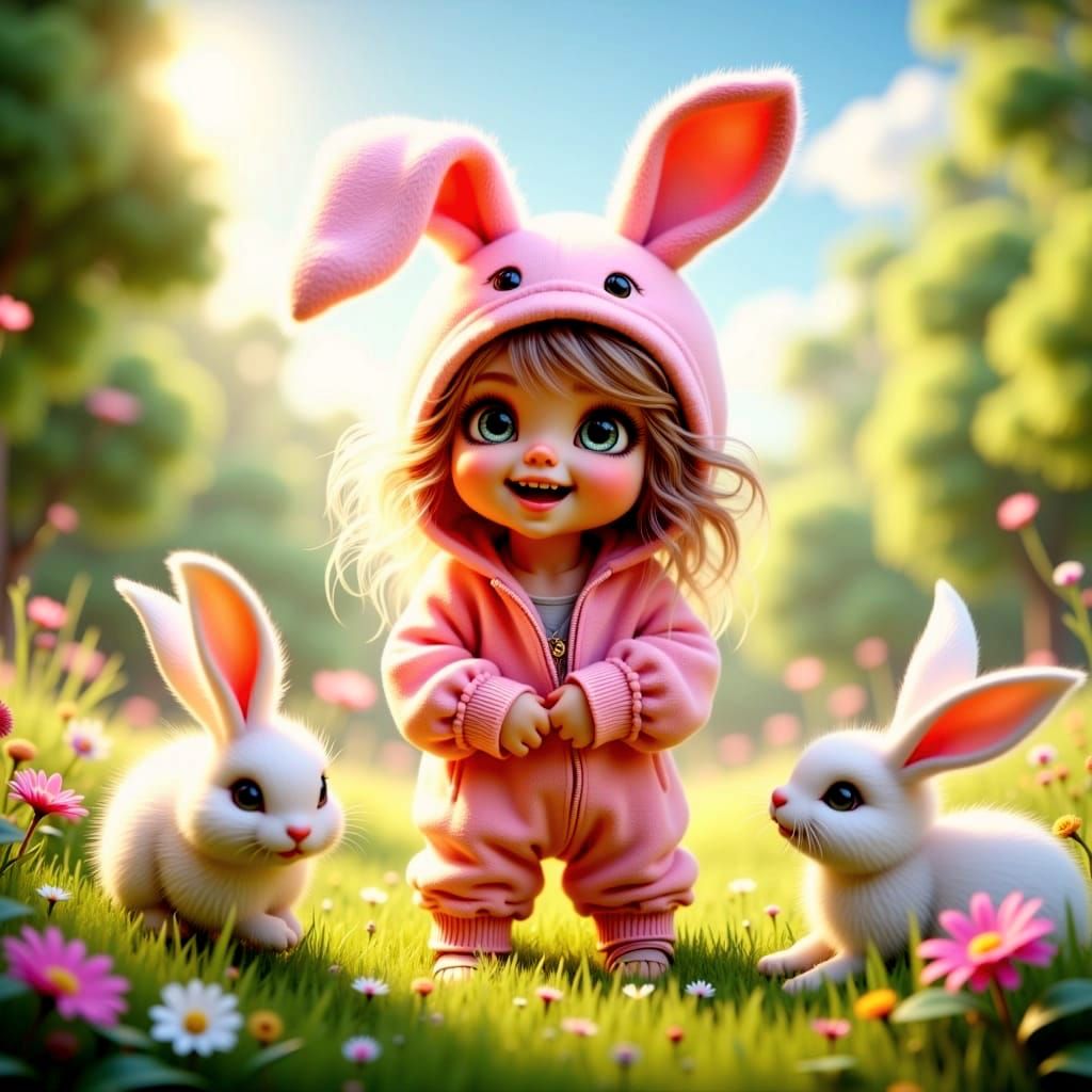 Laughing Baby in Bunny Suit with White Rabbits