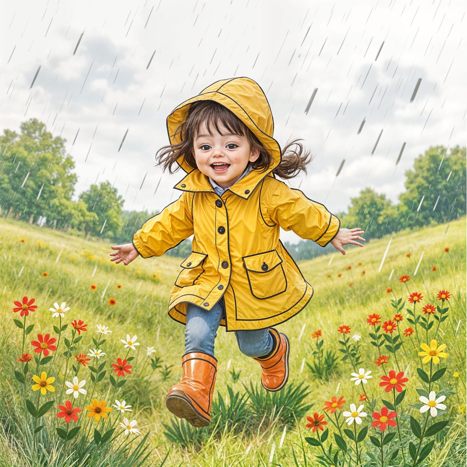 Child's Joyful Run in Rainy Meadow, Illustrated Style