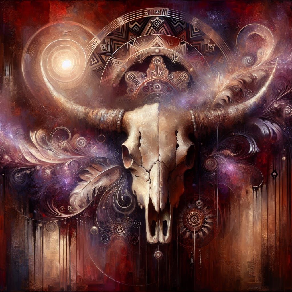 Ethereal Native American Bull Skull Oil Painting