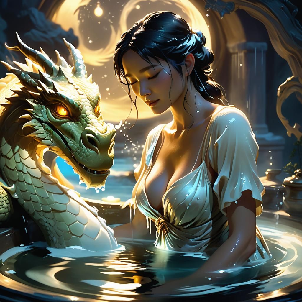 Milk Woman Washes Luminous Dragon: Watercolor Fantasy