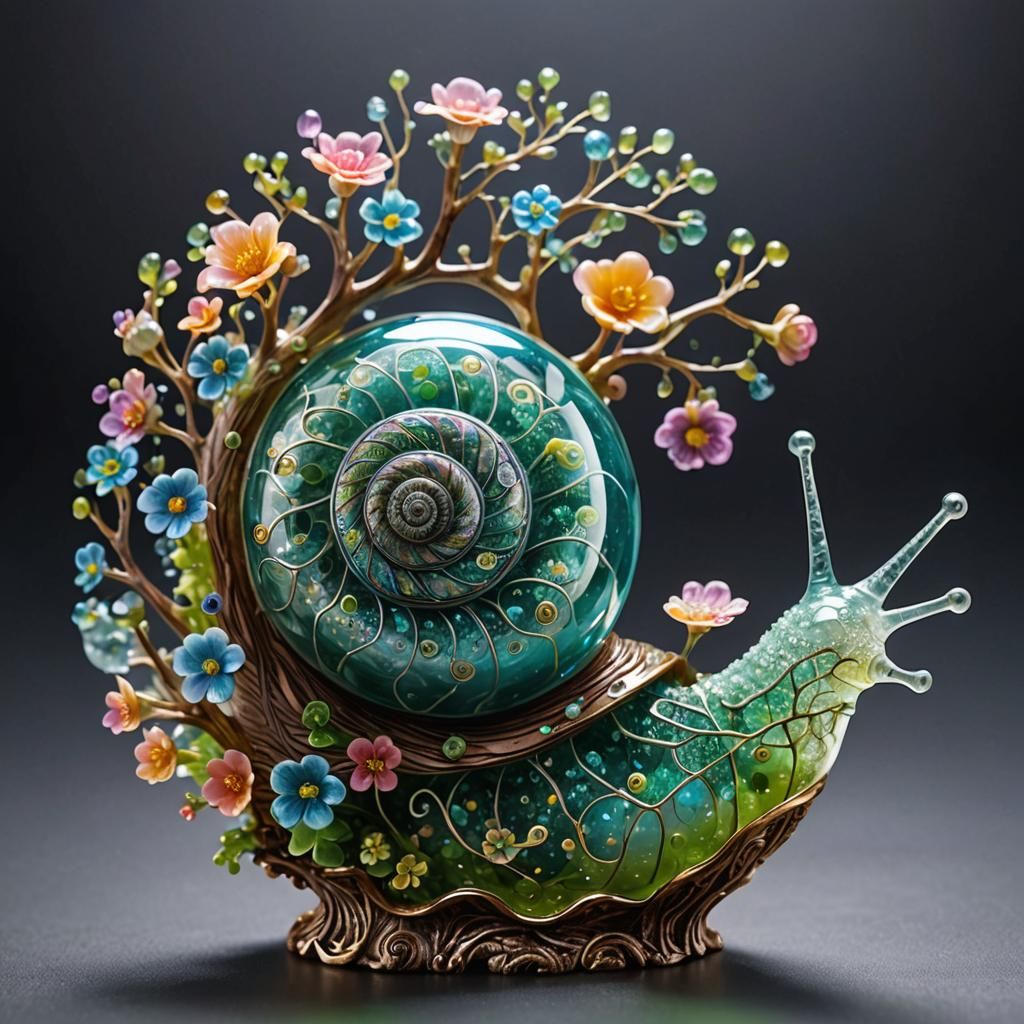Bioluminescent Flowers in Crystal Snail Shell: 3D Anime Art