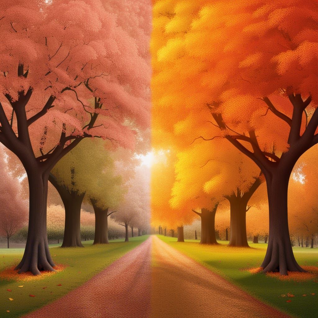 Tree Split Between Autumn and Spring