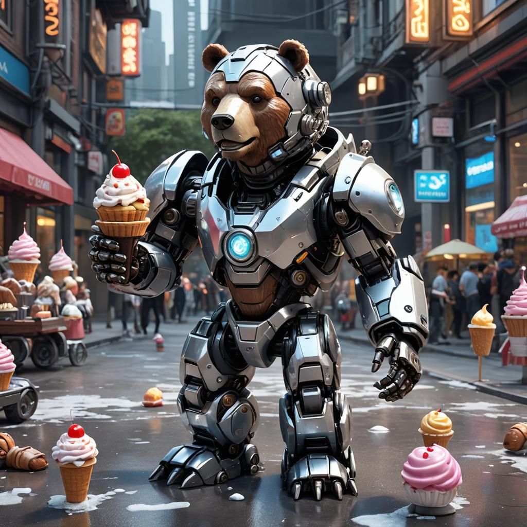 Robot Bear Enjoys Ice Cream in Sci-Fi Style