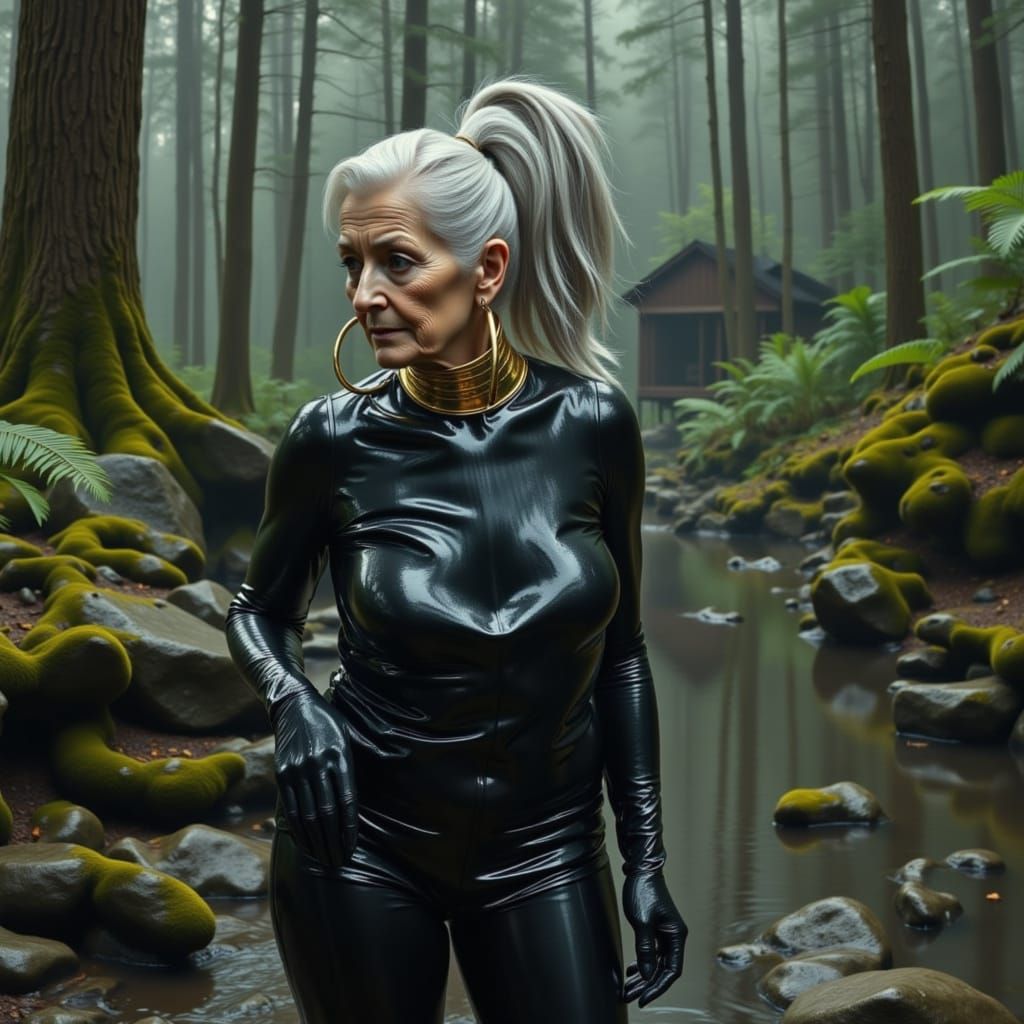 Elegant Woman in Latex Catsuit at Forest Edge