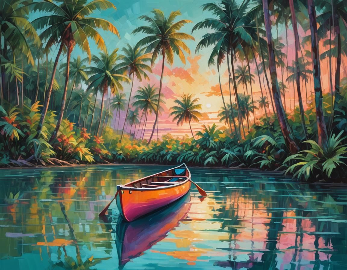 Impressionist Tropical Paradise at Sunset