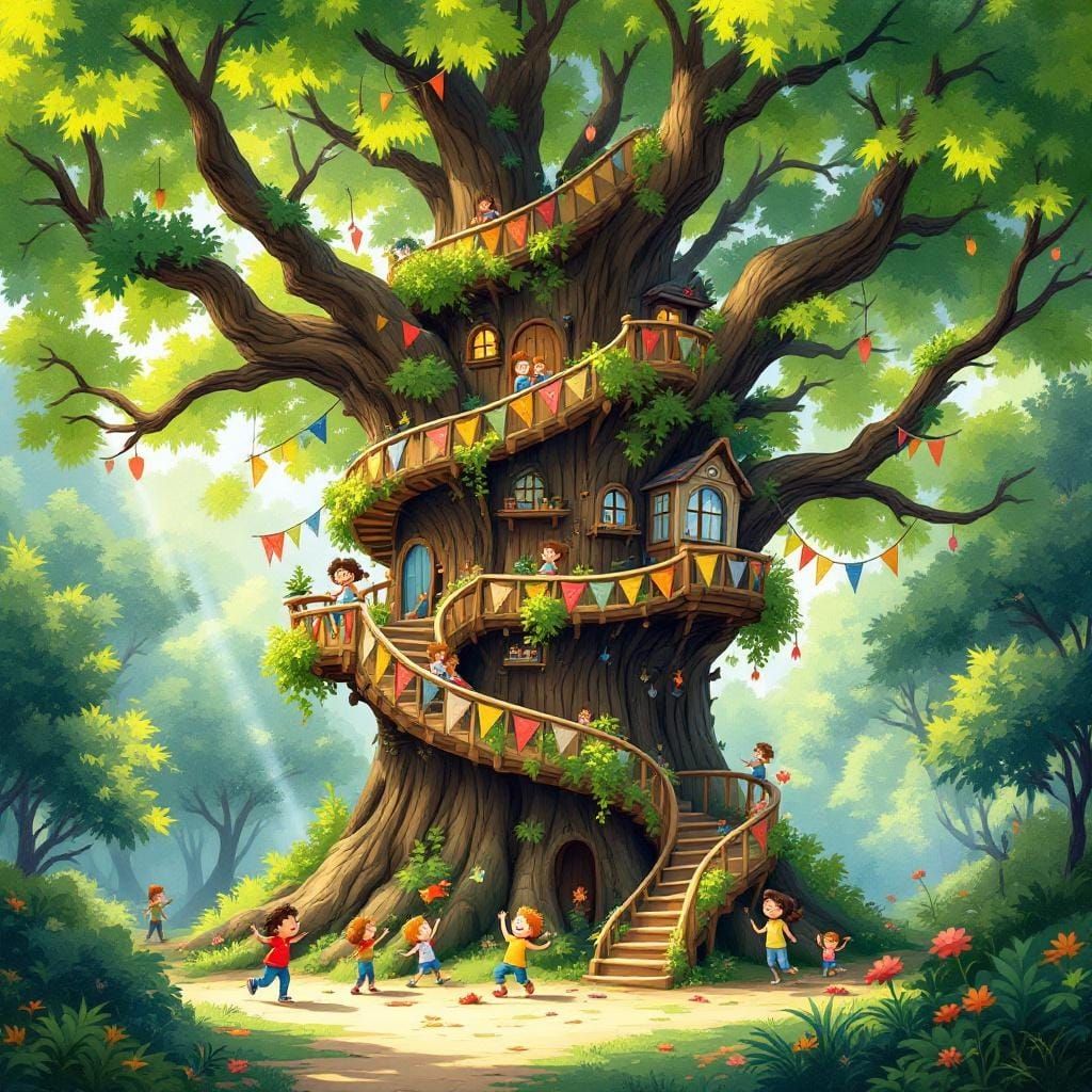 Whimsical Treehouse in an Ancient Oak, Children's Book Style