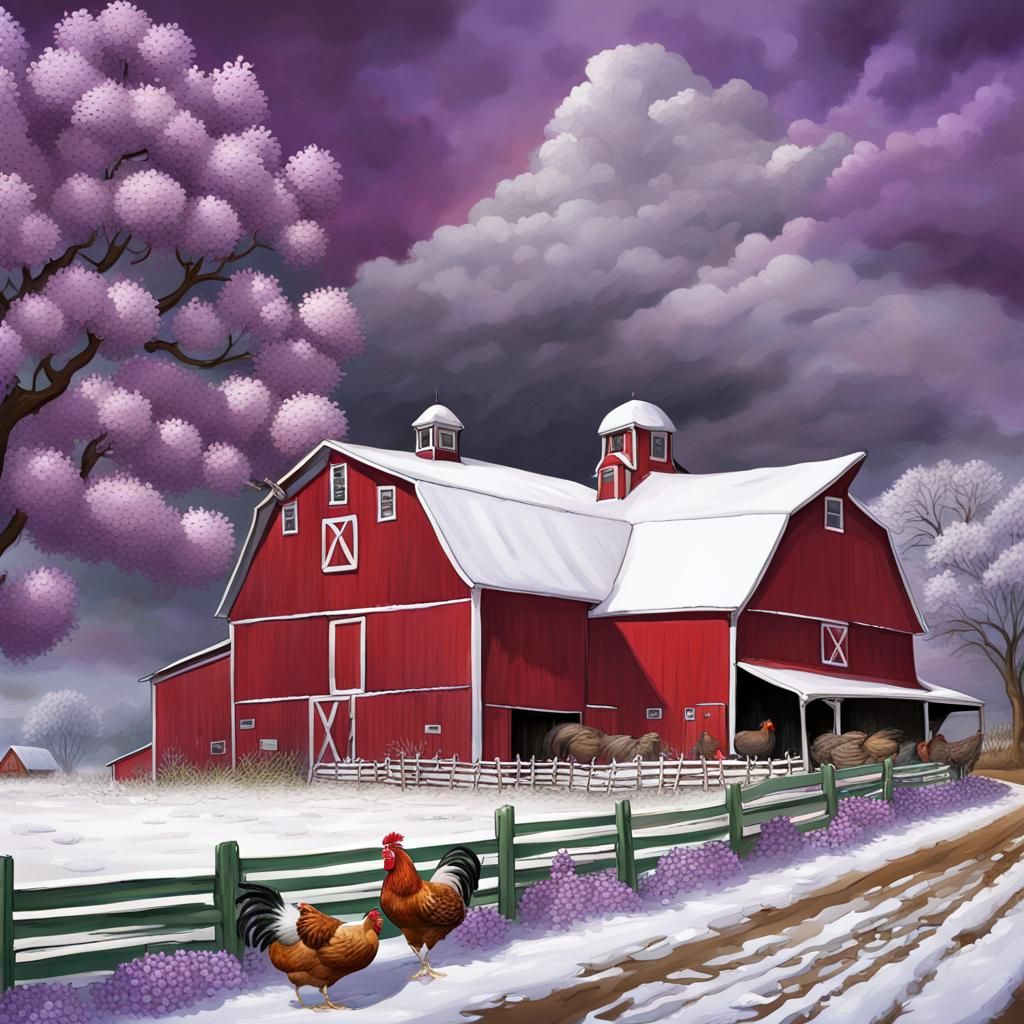 Snowy Barn Scene with Lilacs in Matte Painting