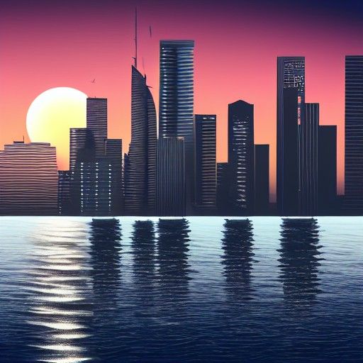 Sunset Cityscape Reflected as Matte Painting