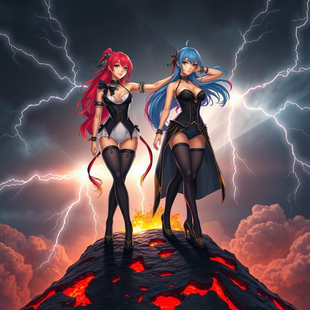 Volcanic Anime Goddesses in Electric Storm