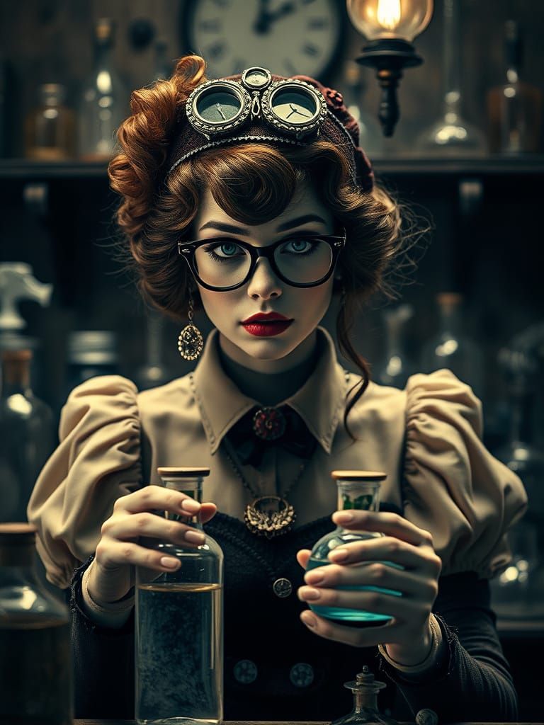 Steampunk Alchemist in Pop Surrealist Laboratory