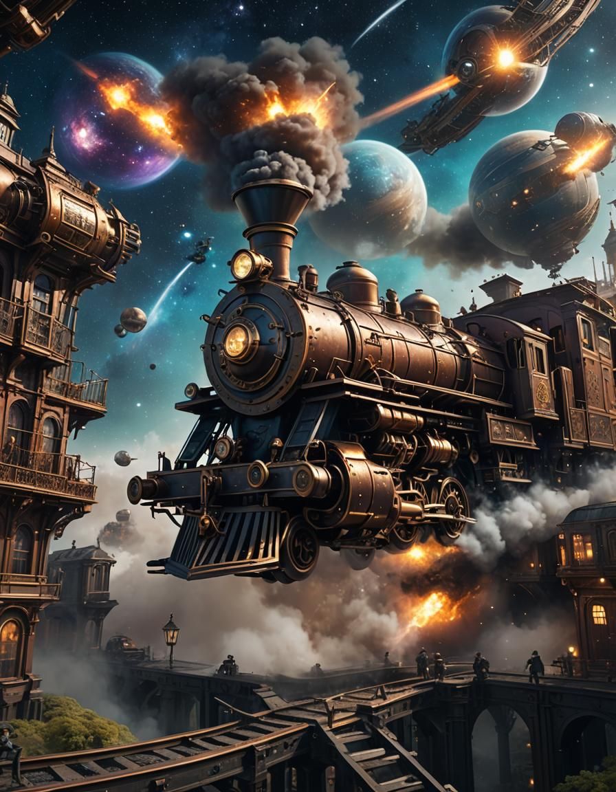 Steampunk Train Flying Through Galaxy in Detailed Digital Ar...