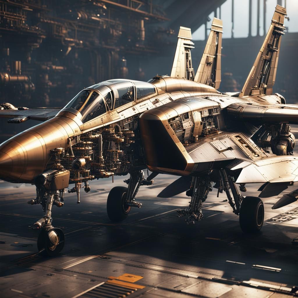Steampunk F-14 Tomcat in Cinematic Sci-Fi Scene