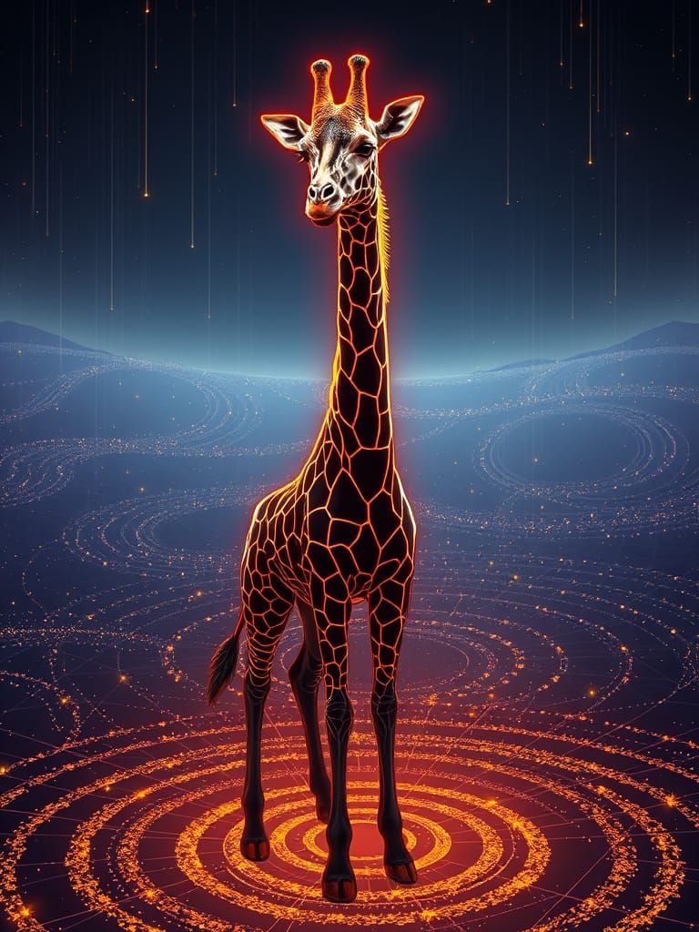 Surreal Neon Giraffe in Geometric Landscape