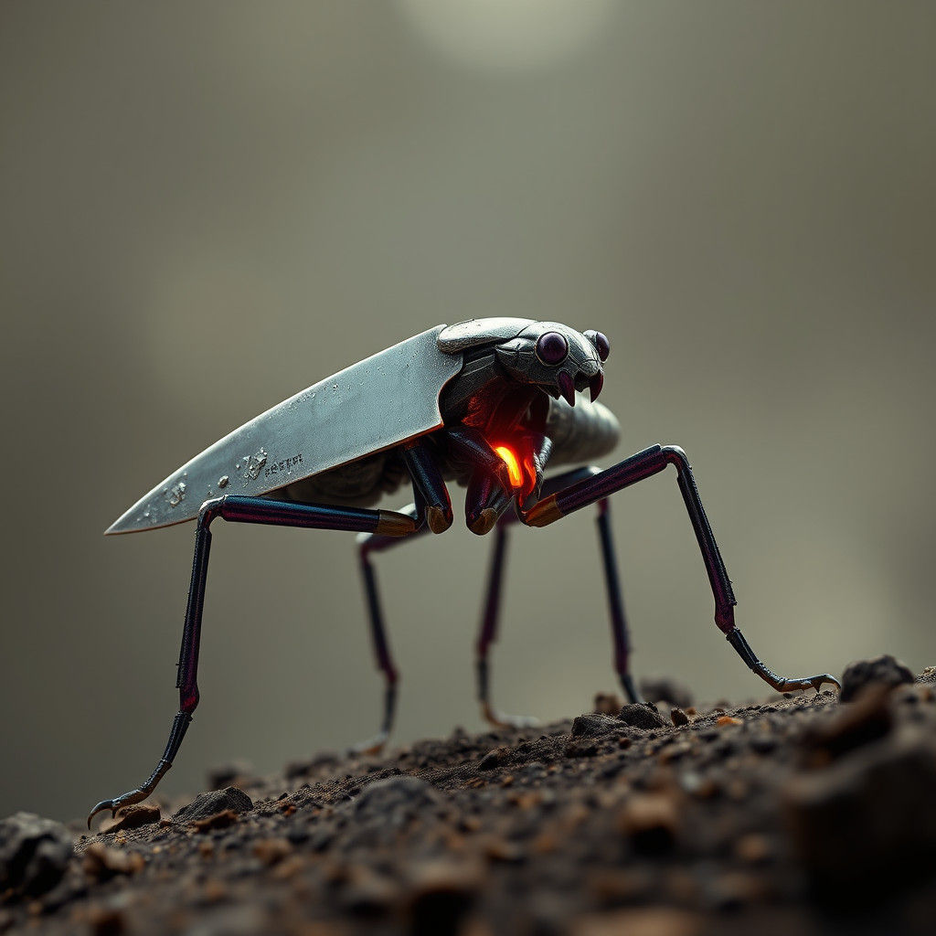 Knife-Cricket Hybrid Creature, Hyper-Realistic Digital Art