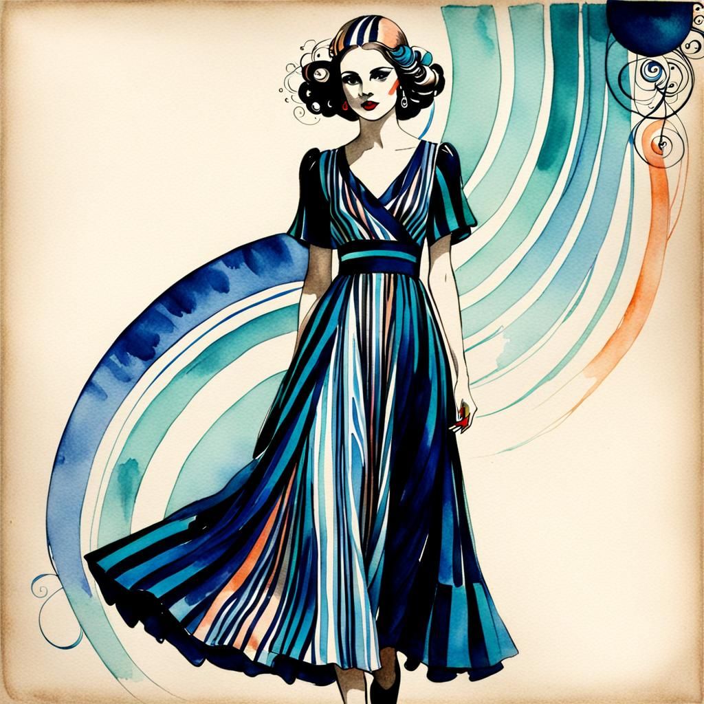 Glamorous Lady in Striped Dress, Vienna Secession Style