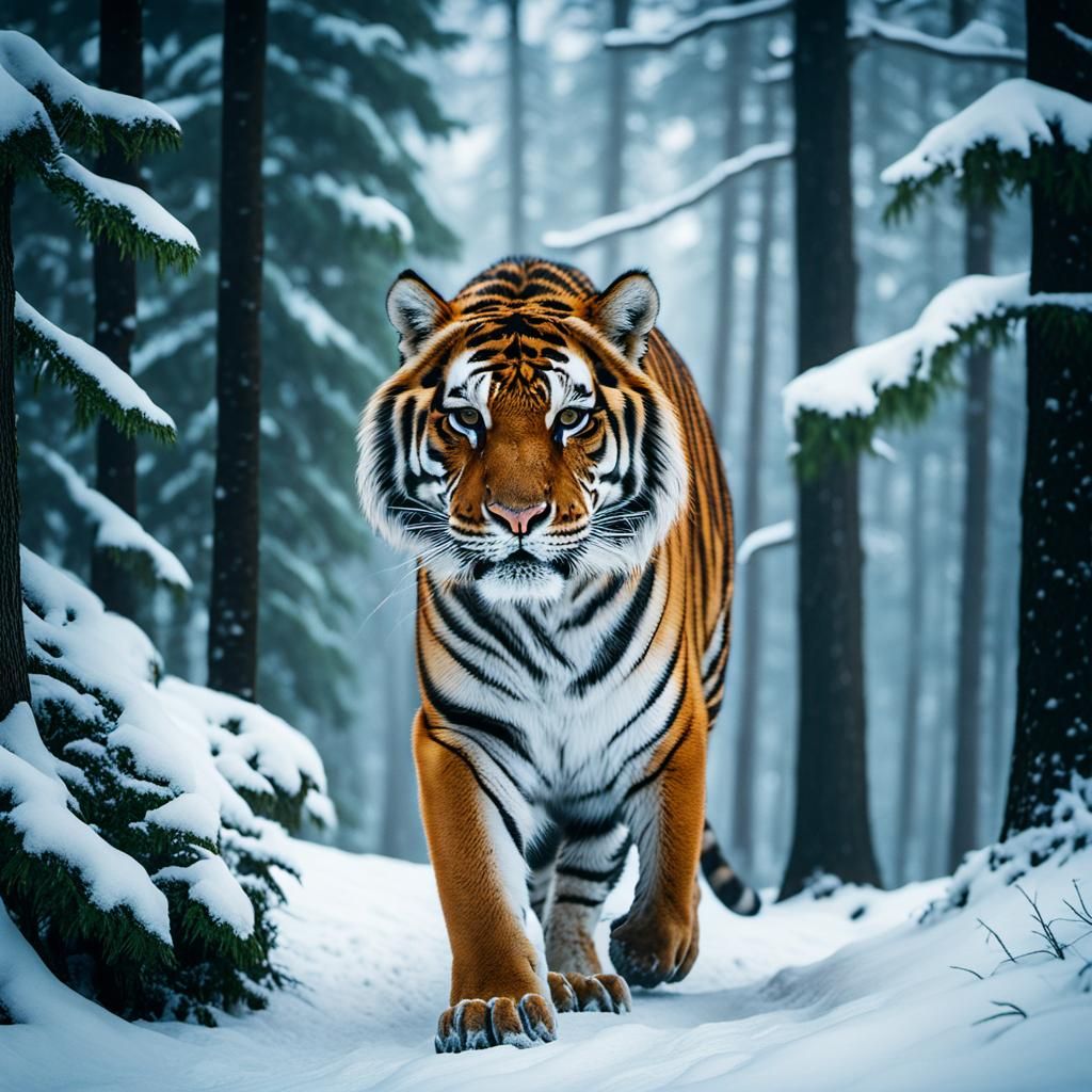 Siberian Tiger in Snowy Forest: Cinematic Film Still