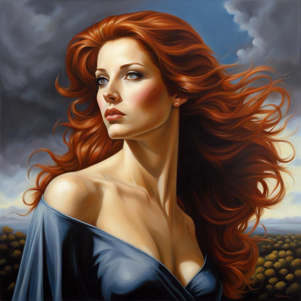 Auburn-Haired Woman Gazing Upward in Sci-Fi Style