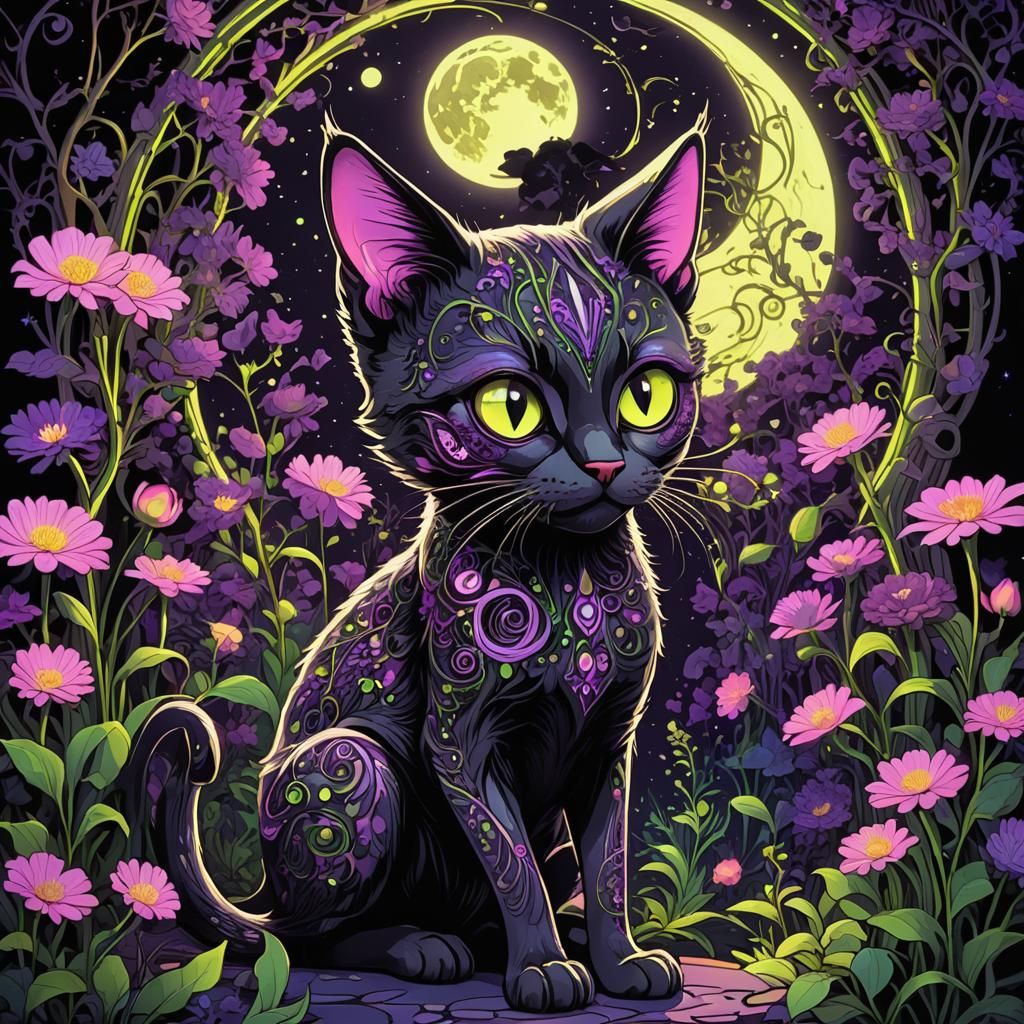 Neon Gothic Cat in Moonlit Garden
