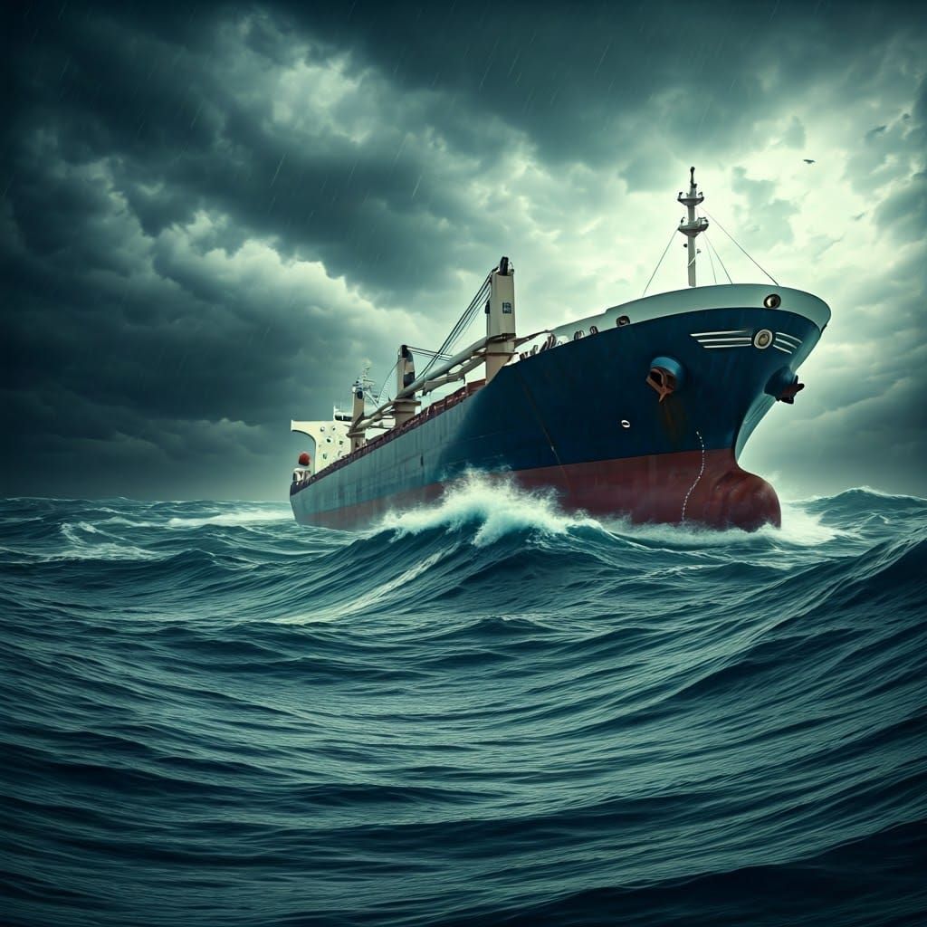 Massive Cargo Ship Battles Towering Waves in Stormy Ocean