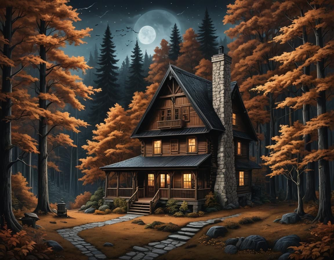 Charming Cabin in Spooky Autumn Forest