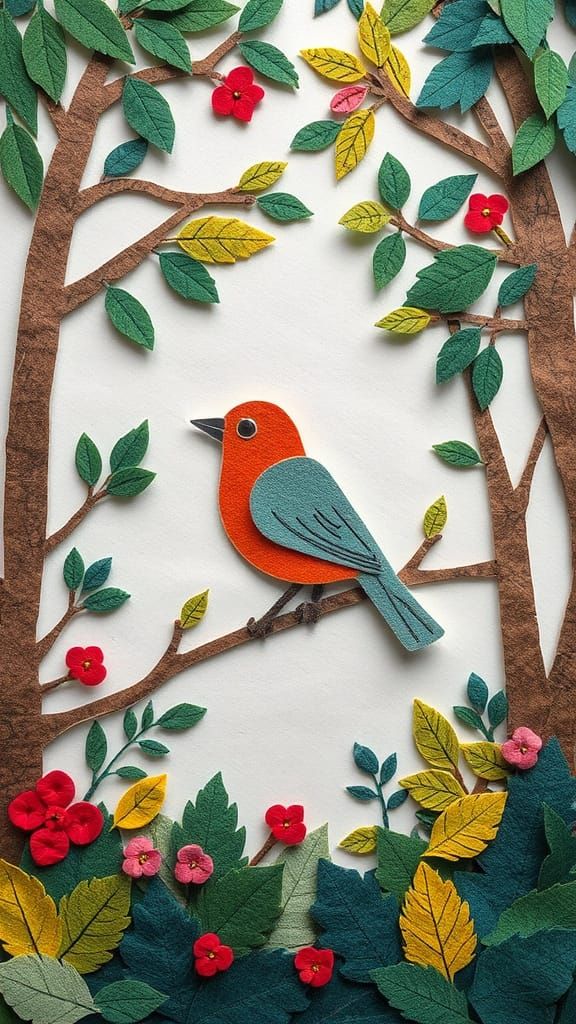 Felt Bird in Paper Forest: A Craft Art Creation