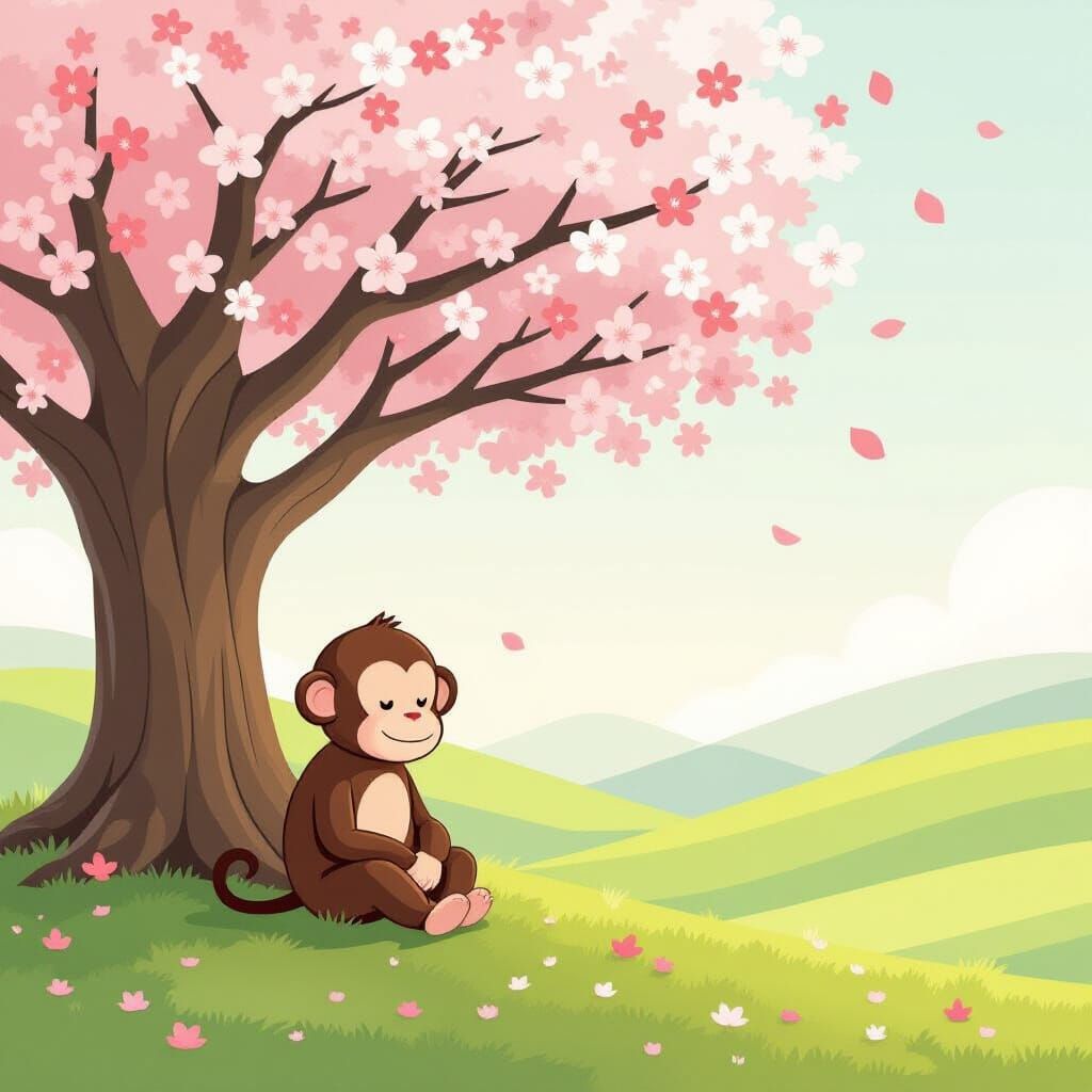 Peaceful Monkey Under Cherry Blossoms in Folk Art Style