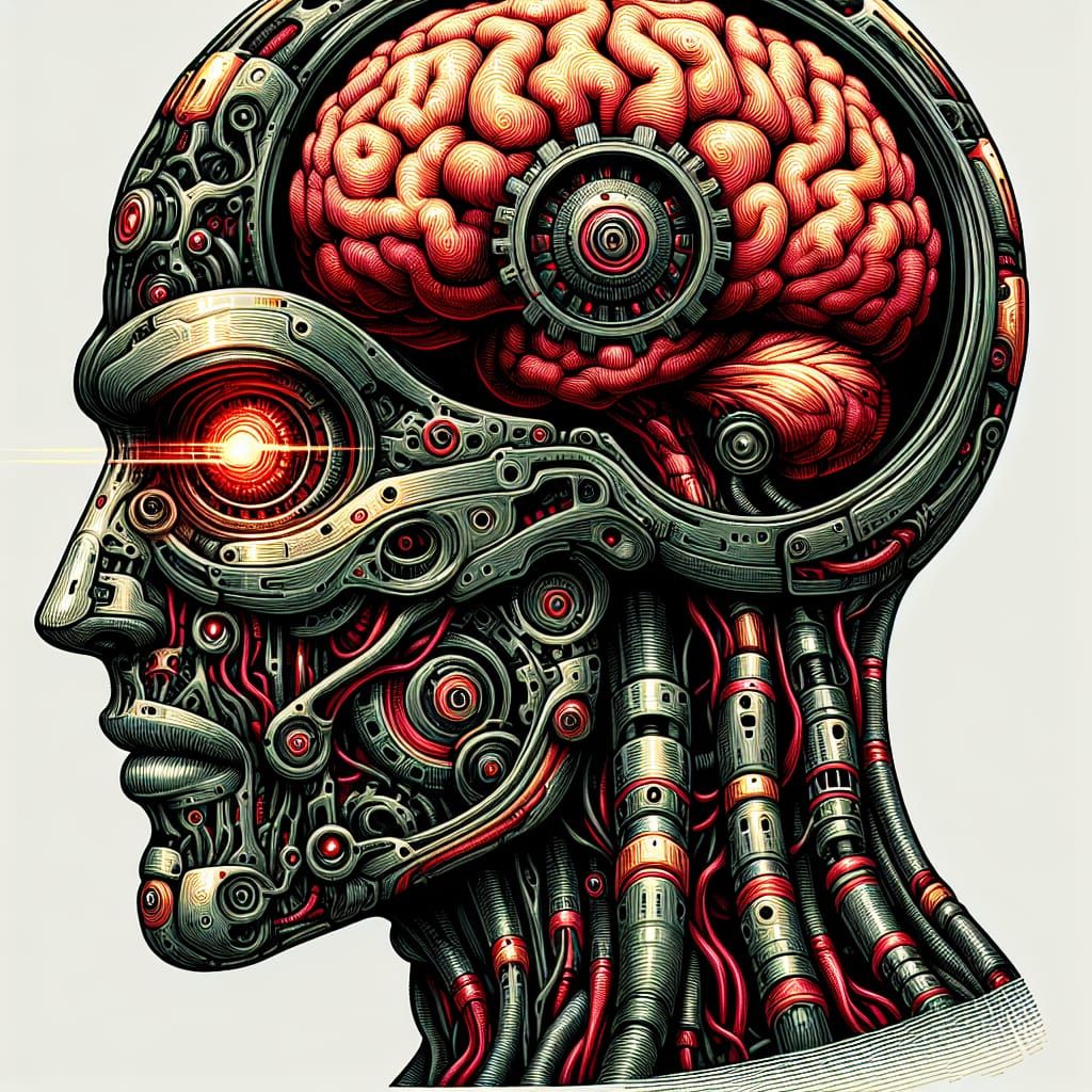 Surreal Biomechanical Cyborg with Red Eye, Comic Book Art