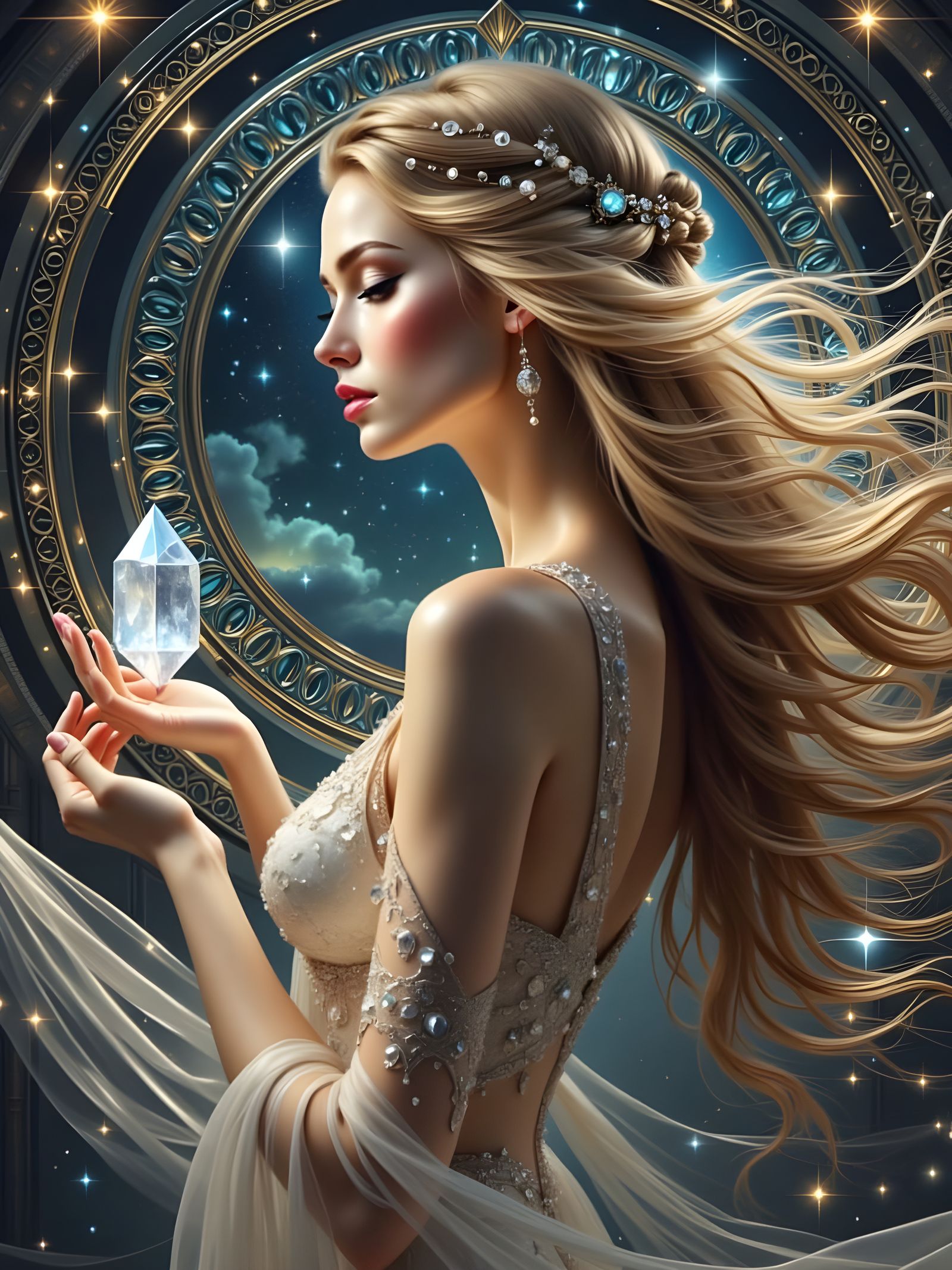 Radiant Goddess Holds Crystal Before Celtic Portal