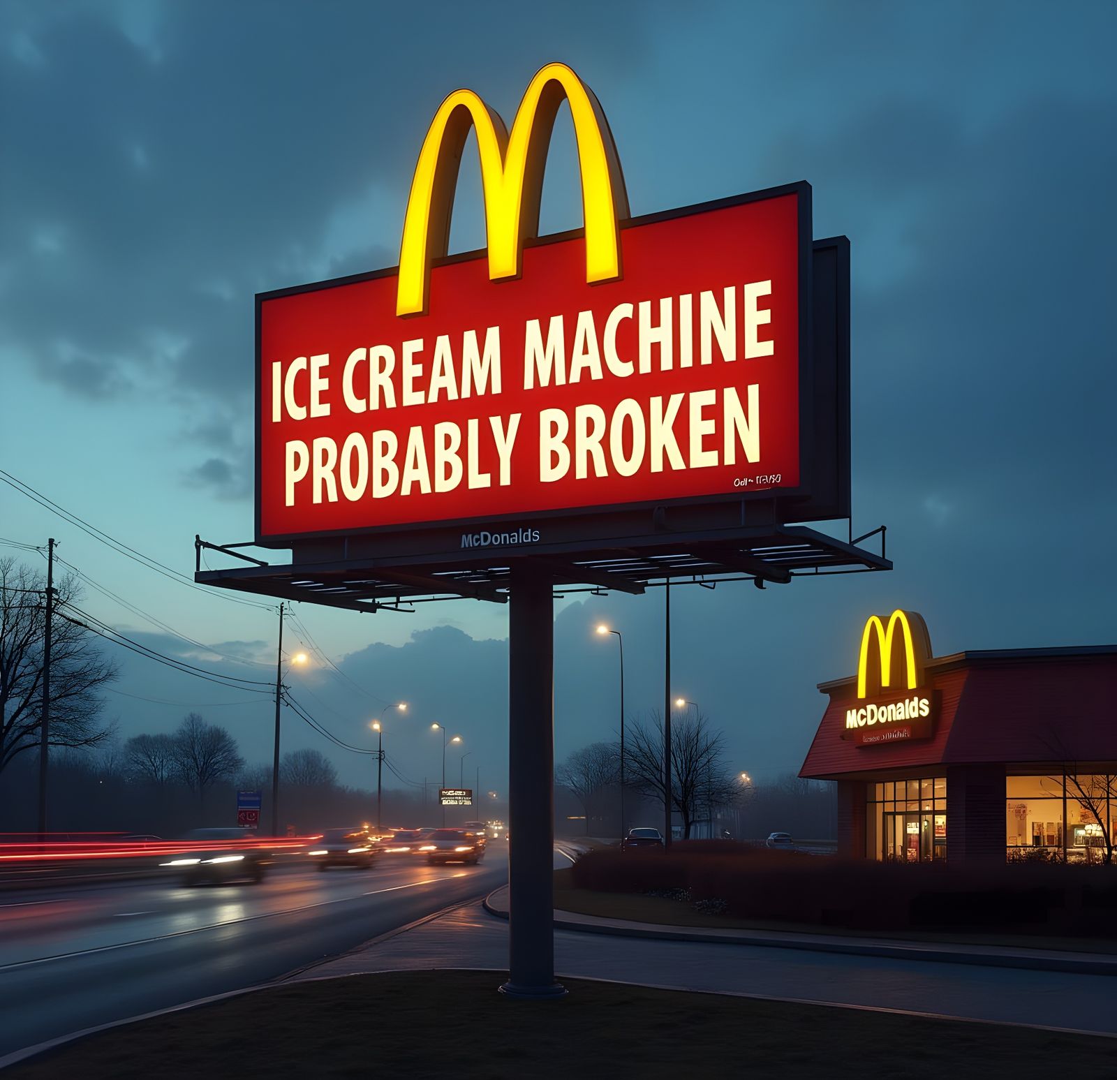 McDonald's Billboard at Dusk with Broken Ice Cream Machine S...