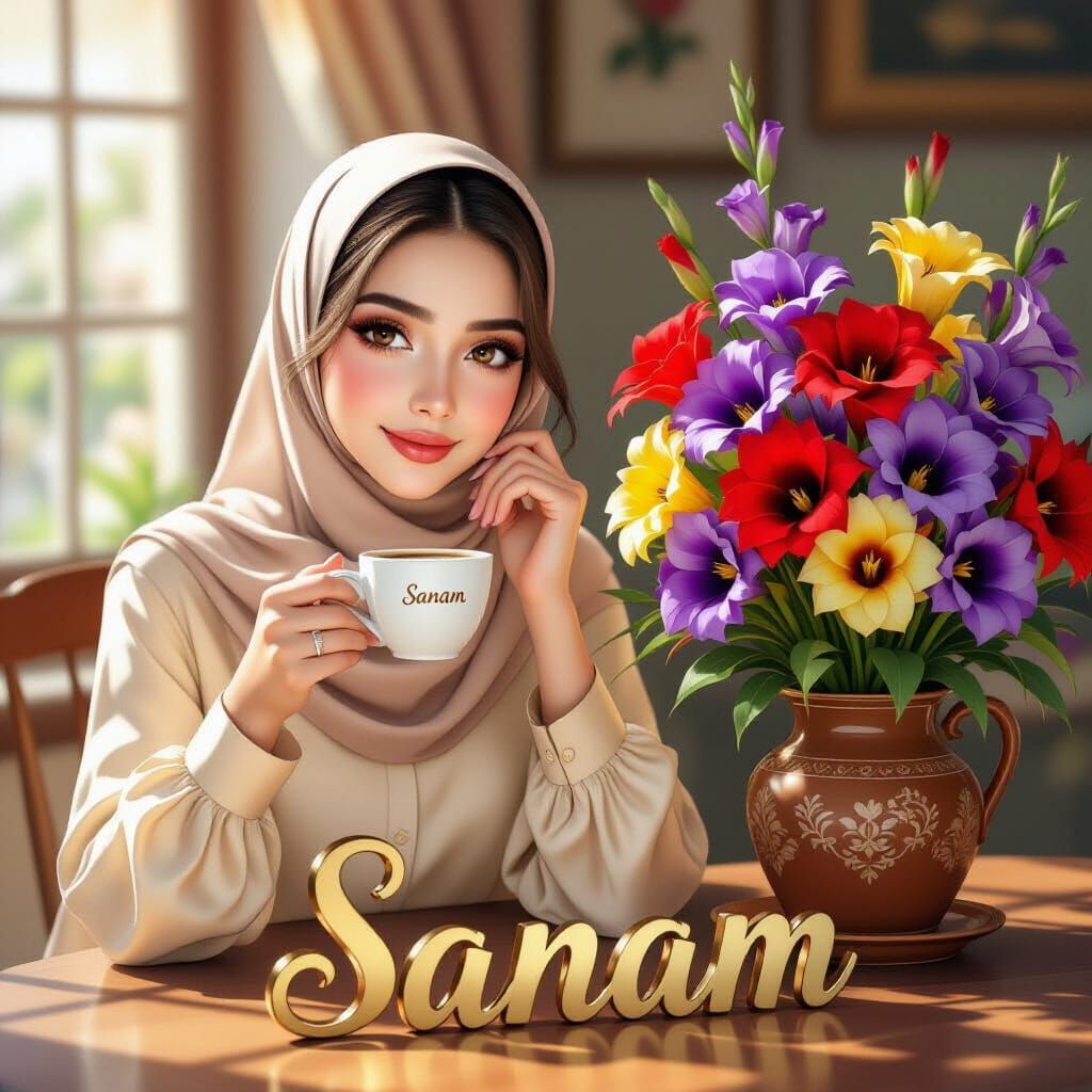 Muslim Woman with Gladiolas in Sunlit Room