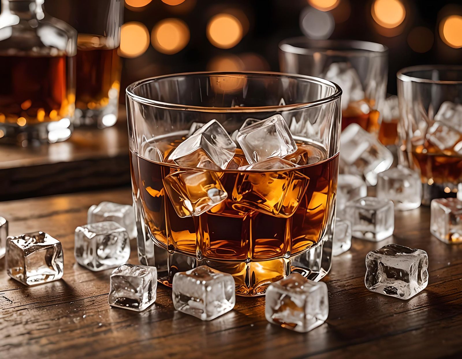 Whiskey Tumbler with Ice in a Cozy Bar