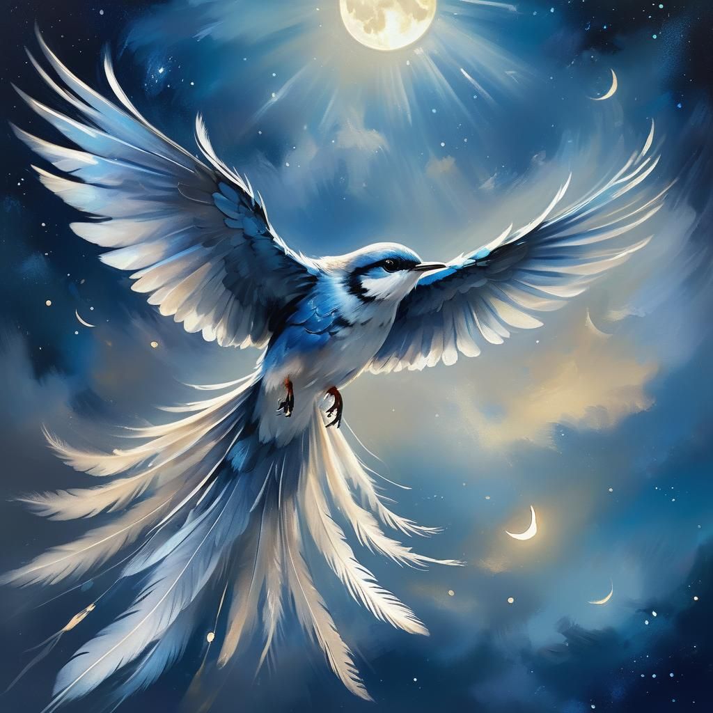 Silver-Winged Bird in Moonlight: Ethereal Oil Painting